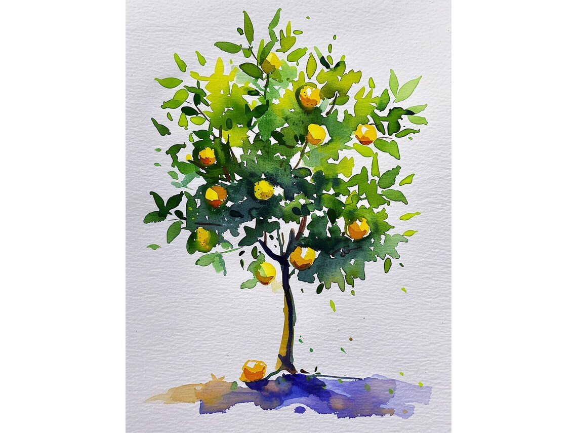 Lemon Tree Watercolor Art Print, Fruit Wall Decor