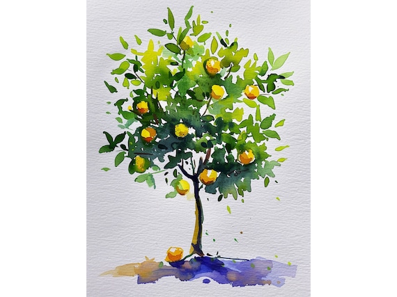 Lemon Tree Watercolor Art Print, Fruit Wall Decor