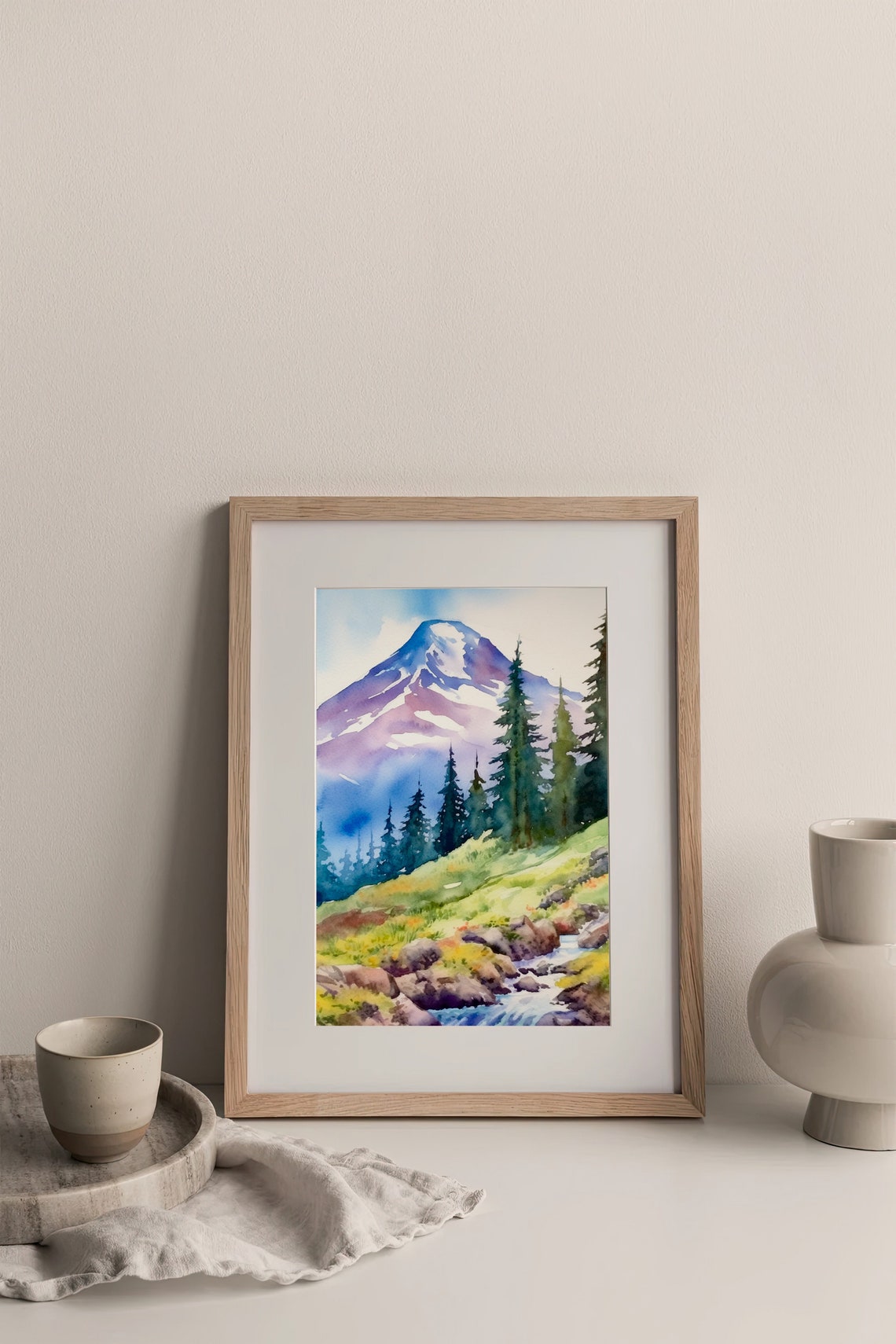 Mount Hood Snow Peak Alpine Stream Forest Watercolor Nature Art Poster - Image 2