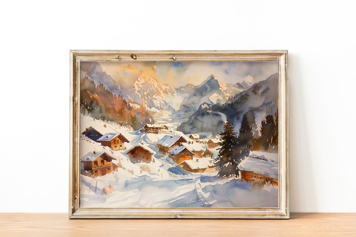 Wengen Switzerland Snowy Alpine Village Watercolor Winter Poster