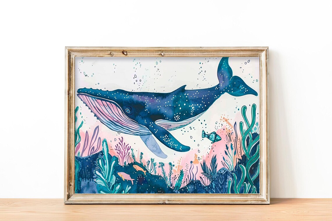 Humpback Whale Watercolor Underwater Coral Reef Scene Poster
