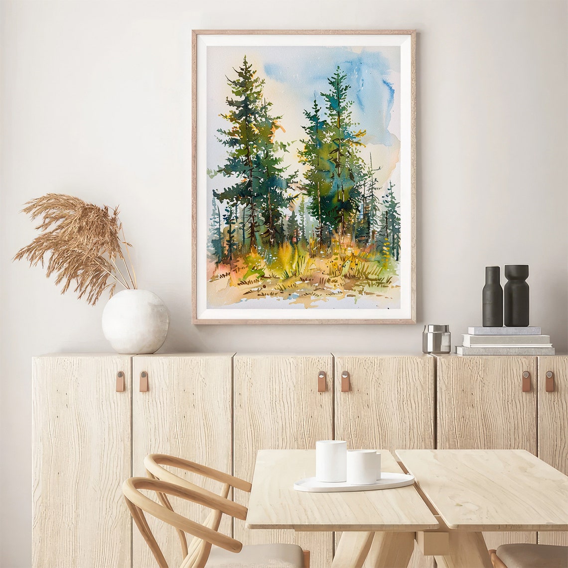 Golden Pine Forest Sunlit Evergreen Trees Watercolor Landscape Poster - Image 5