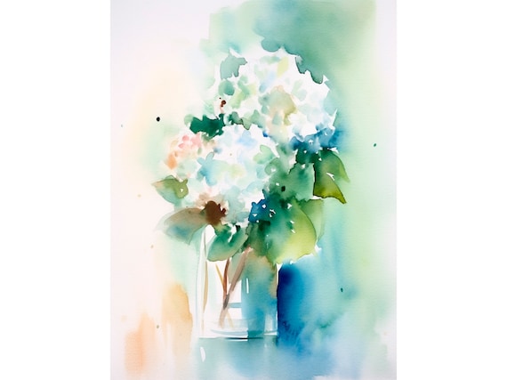 Stunning White Hydrangea Bouquet Glass Vase Watercolor Floral Poster