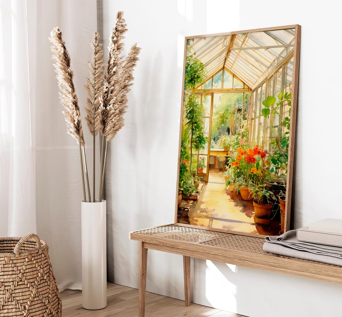 Sunlit Greenhouse Interior Potted Flowers Watercolor Garden Poster - Image 2