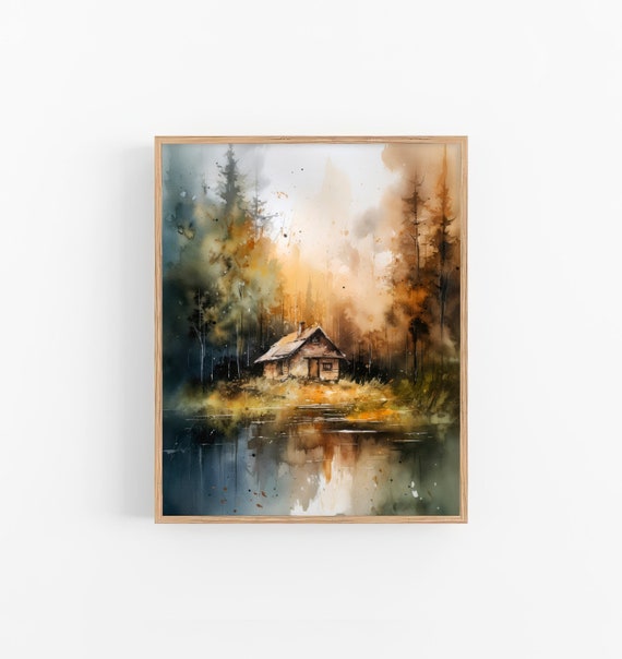 Foggy Forest Cabin Watercolor Painting Pine Trees Art Print Vermont Landscape Artwork Travel Gifts By Feelingprints