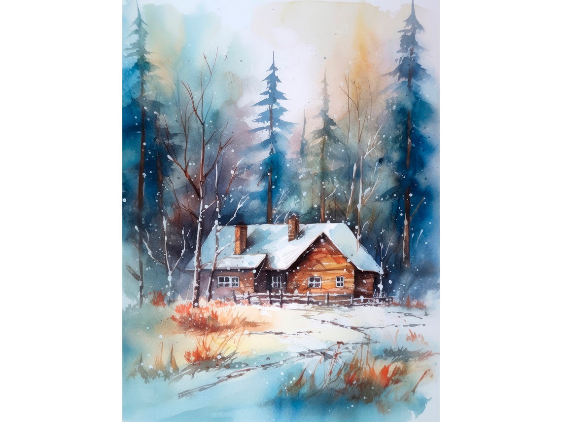 Snowy Winter Cabin Watercolor Forest Log House Landscape Poster