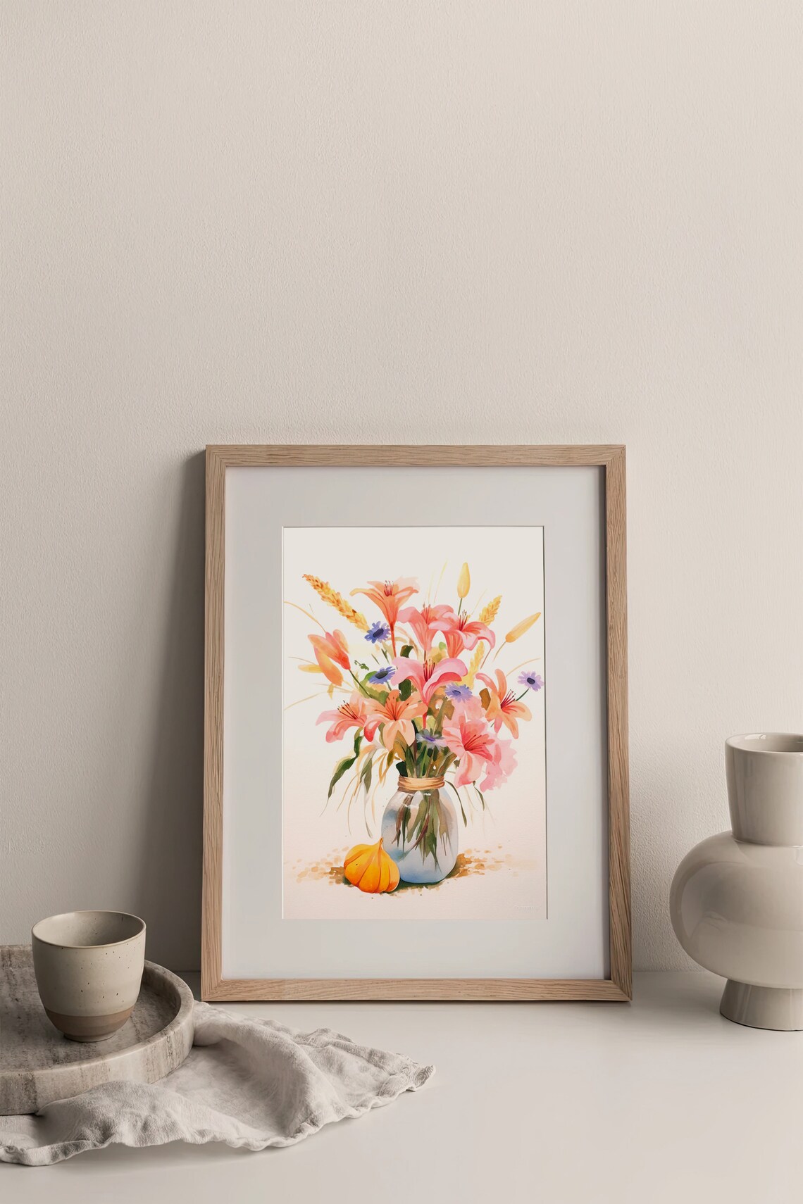 Pink Lilies Bouquet Glass Vase Autumn Watercolor Floral Still Life Poster - Image 2