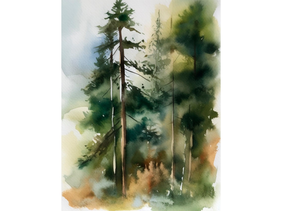 Tall Pine Trees Evergreen Misty Forest Watercolor Nature Art Poster