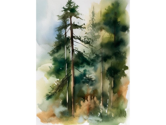 Pine Trees Art Print Evergreen Trees Watercolor Painting Acadia Landscape Artwork Neutral Green Gray Art Poster