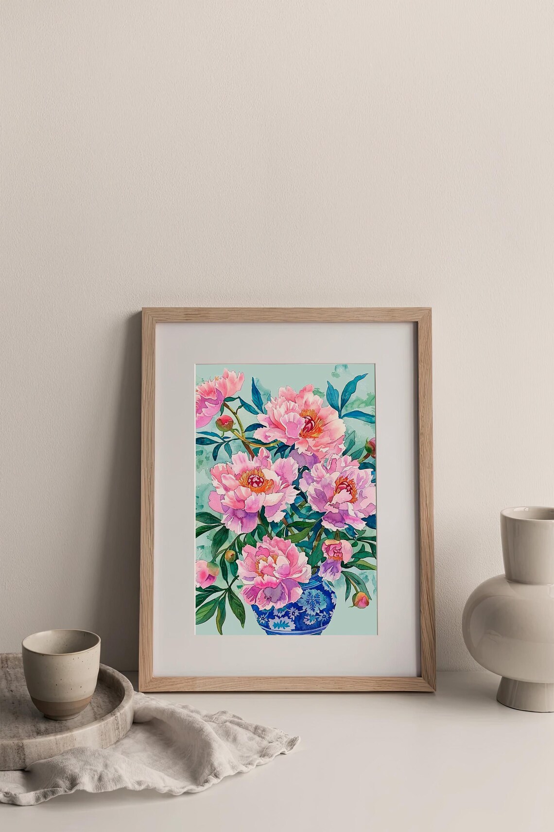 Pink Peonies Blue Porcelain Vase Blooming Watercolor Nature Art Poster - Image 3
