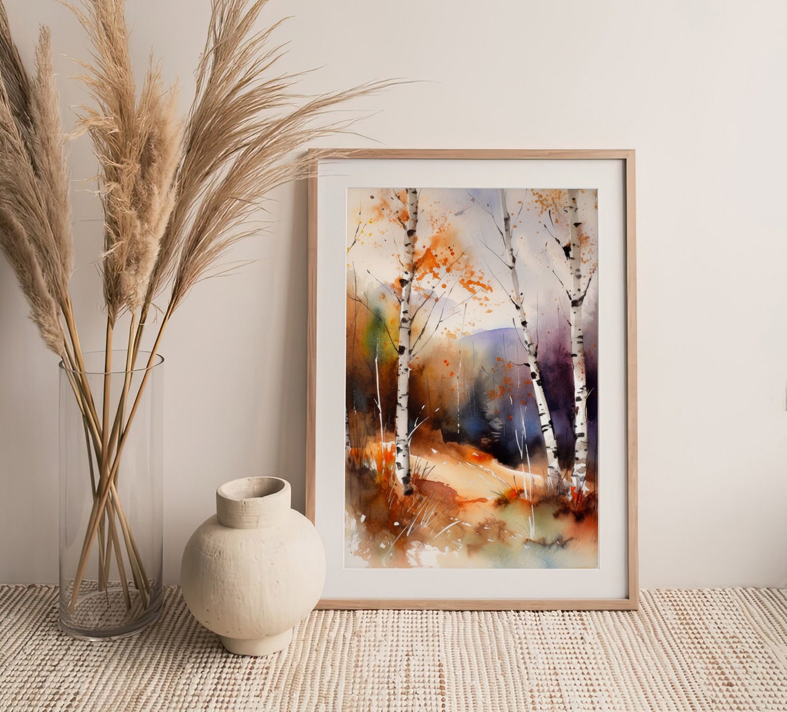 White Birch Trees Autumn Mist Watercolor Woodland Scene Poster - Image 3