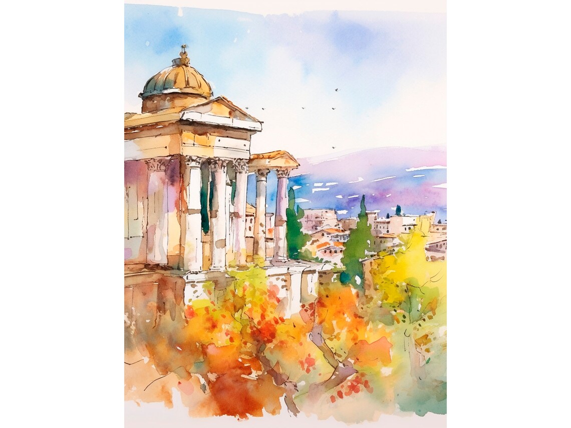 Athens Watercolor Painting Greece Sights Travel Poster