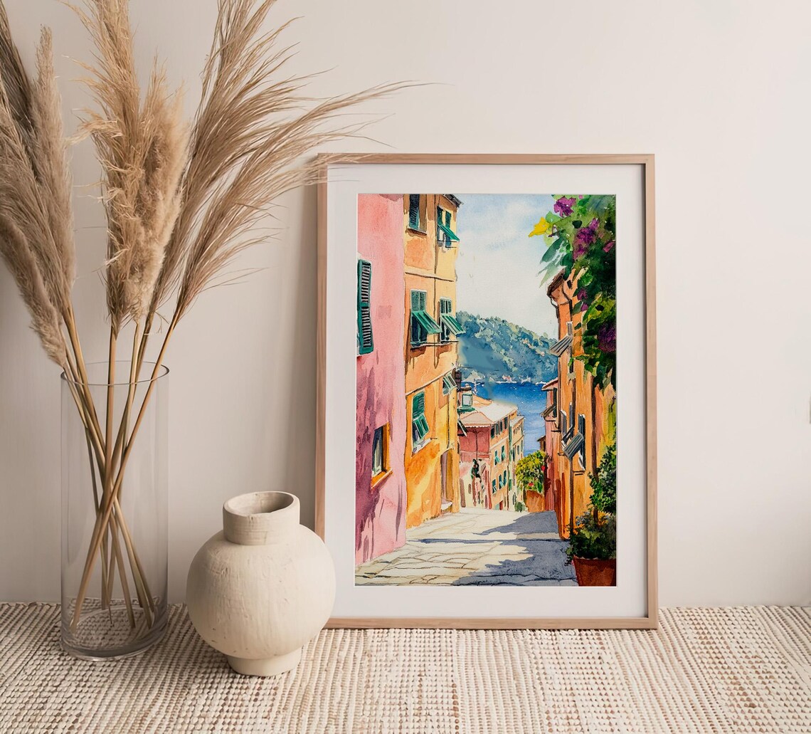 Portofino Colorful Alley Sea View Watercolor Italy Travel Poster - Image 4