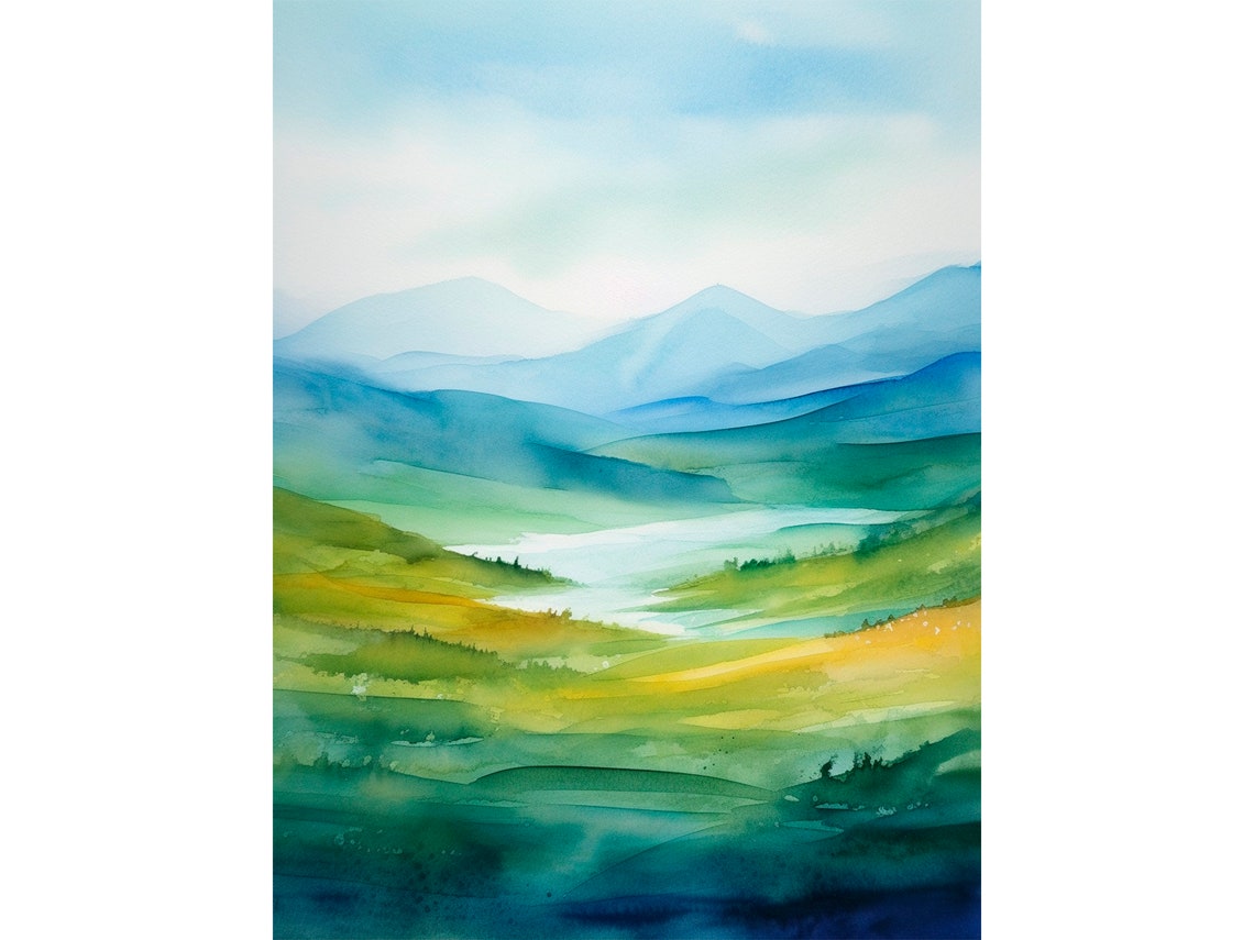 Misty Green Hills Watercolor Abstract Landscape Rolling Meadows Print
