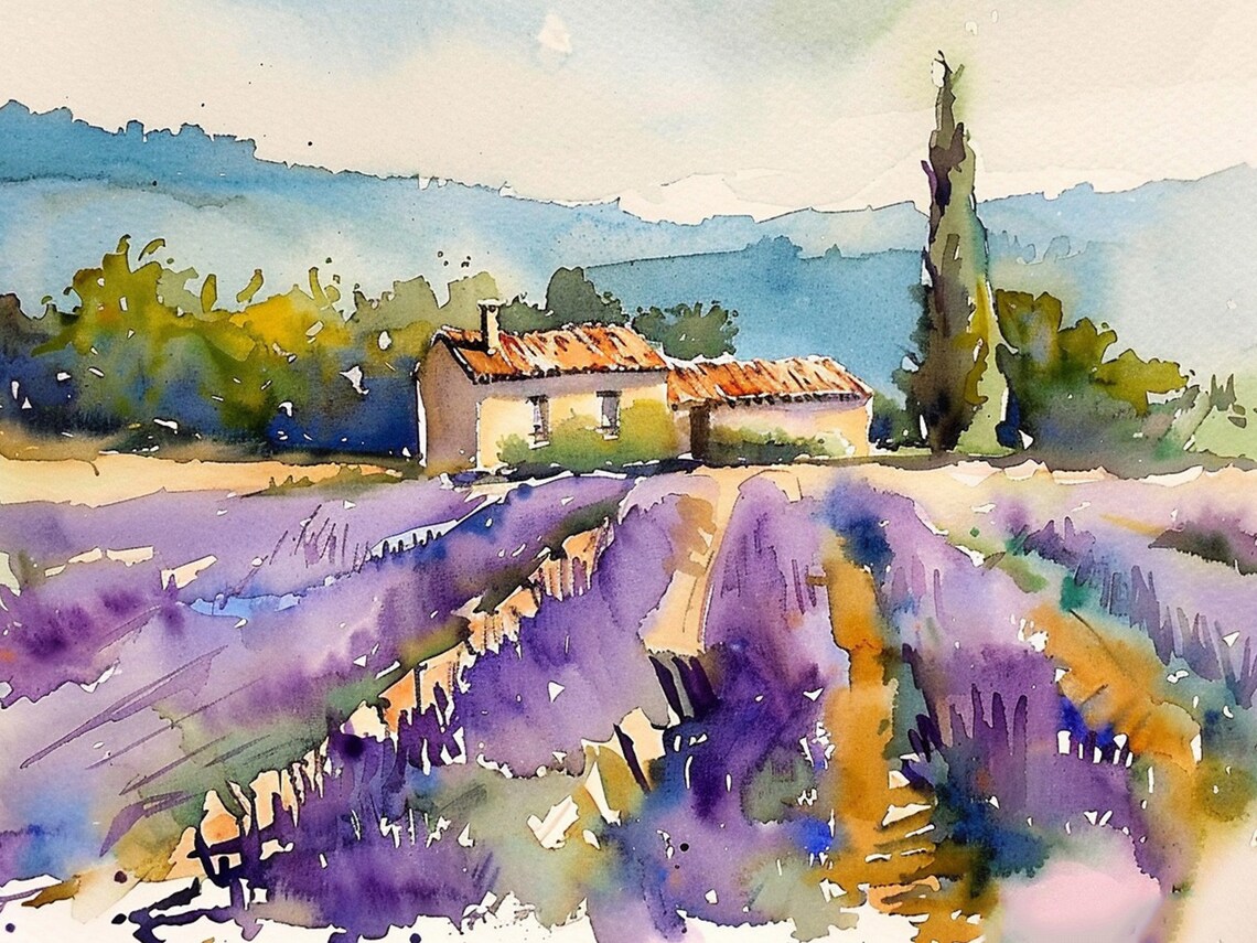 Provence Countryside Lavender Fields Watercolor Art Print