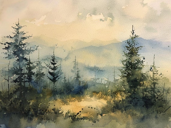 Smoky Mountains Art Print Misty Pine Forest Mountains Watercolor Painting Pine Trees Artwork Neutral Landscape Wall Art By Feelingprints