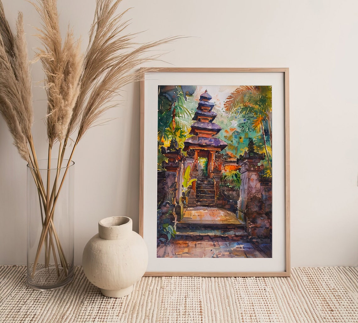 Serene Sacred Bali Temple Gate Jungle Watercolor Indonesia Poster - Image 3