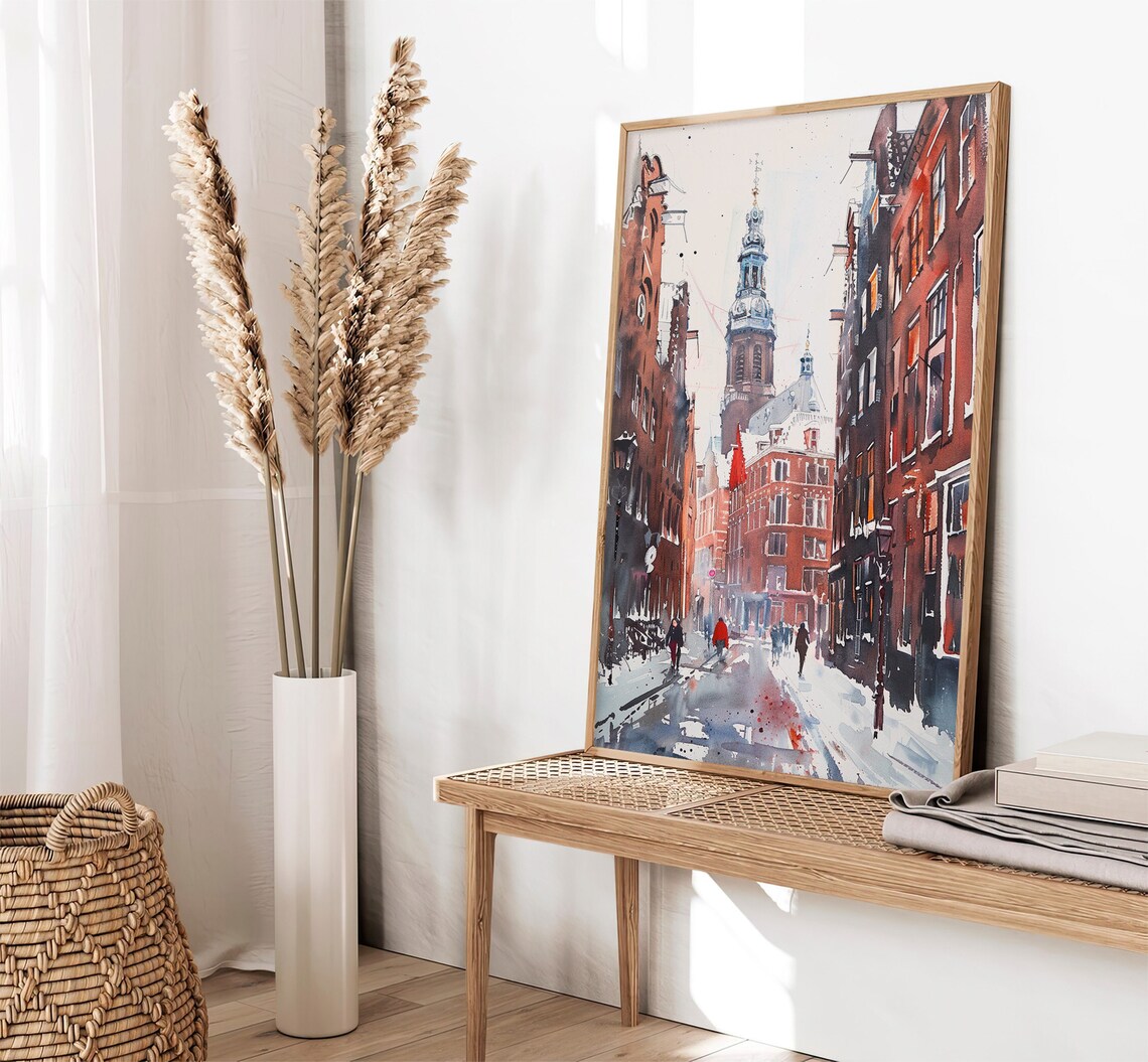 Amsterdam Winter Street Canal Tower Watercolor Netherlands Poster - Image 2