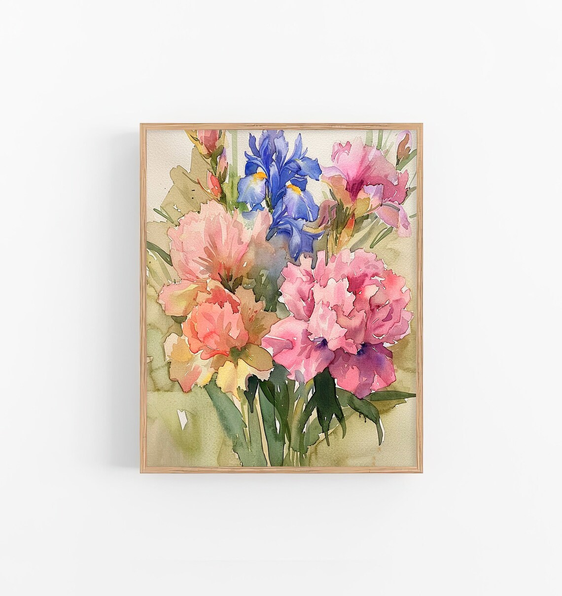 Peonies Iris Watercolor Pink Floral Bouquet Botanical Art Poster