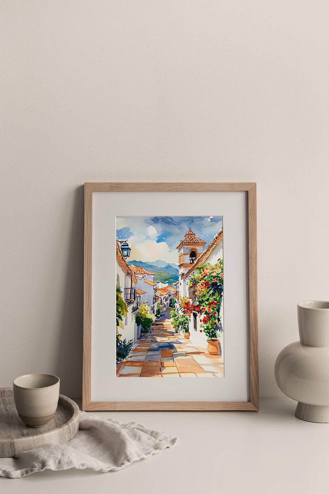 Granada Spain White Village Street Bell Tower Watercolor Travel Poster - Image 3