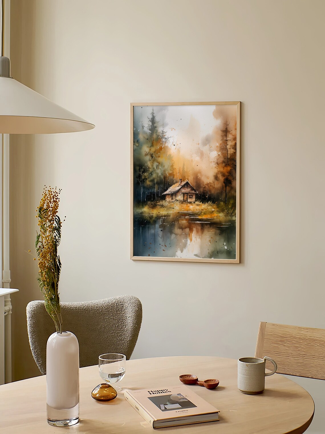 Stunning Foggy Forest Cabin Lakeside Golden Autumn Watercolor Poster - Image 2