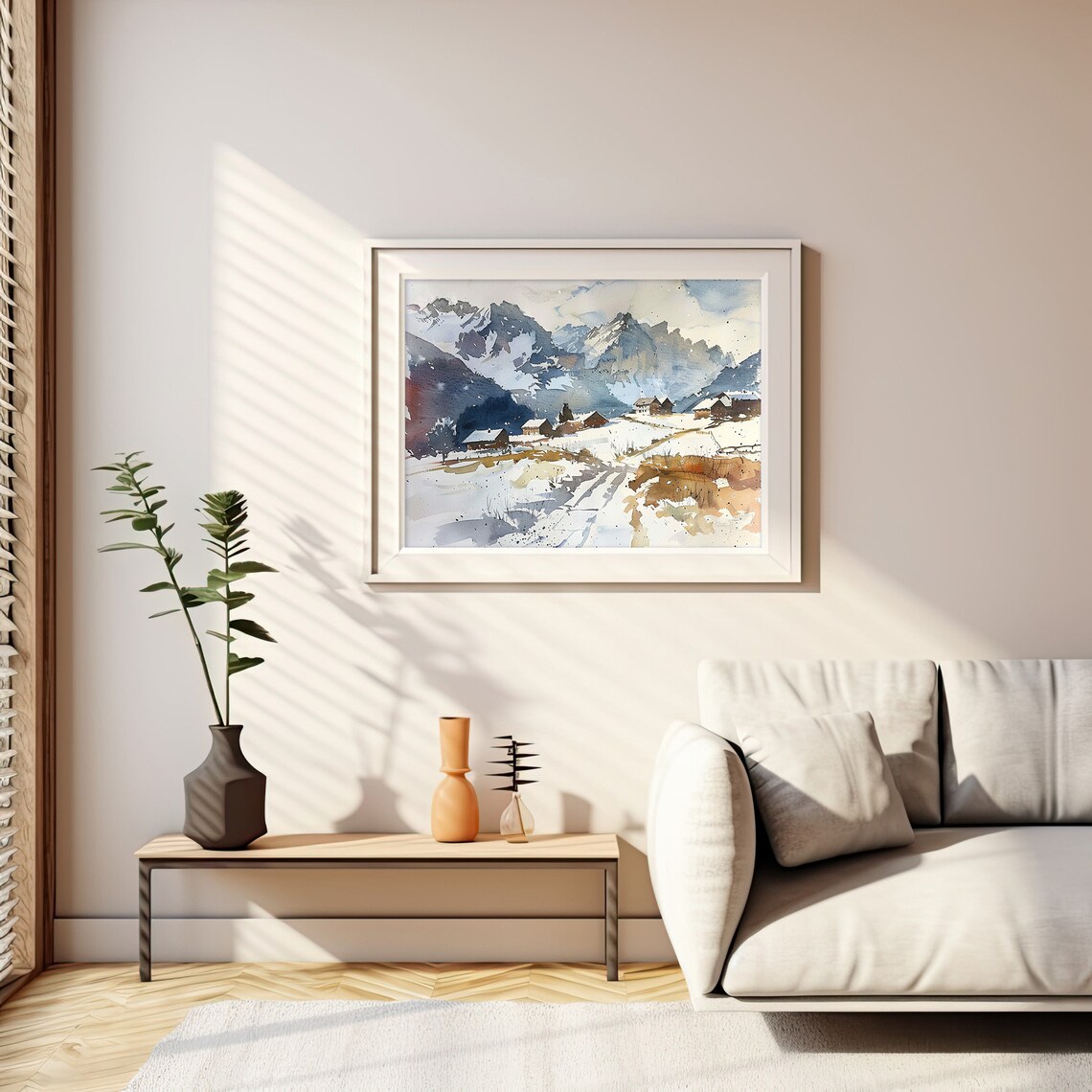 Pennine Alps Snow Village Winter Mountain Watercolor Nature Art Poster - Image 2