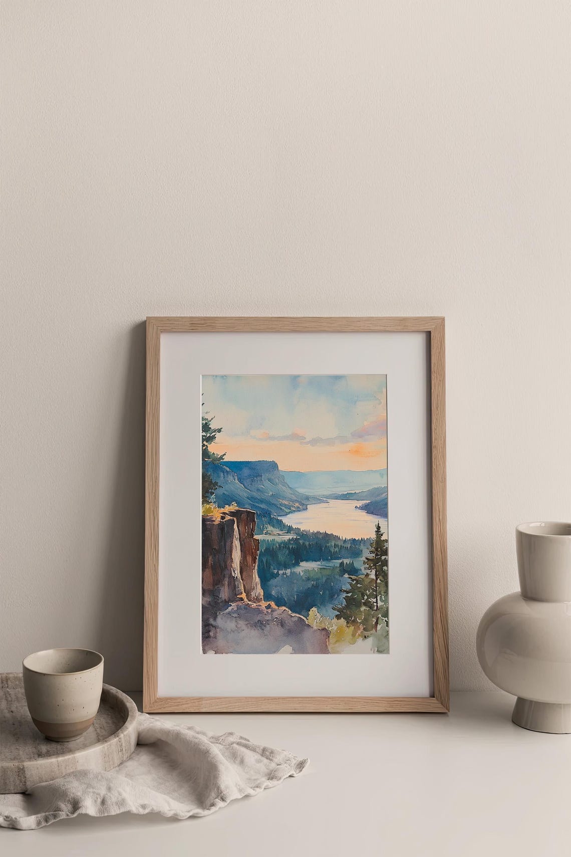 Columbia Gorge River Valley Sunset Cliffs Watercolor View Poster - Image 3