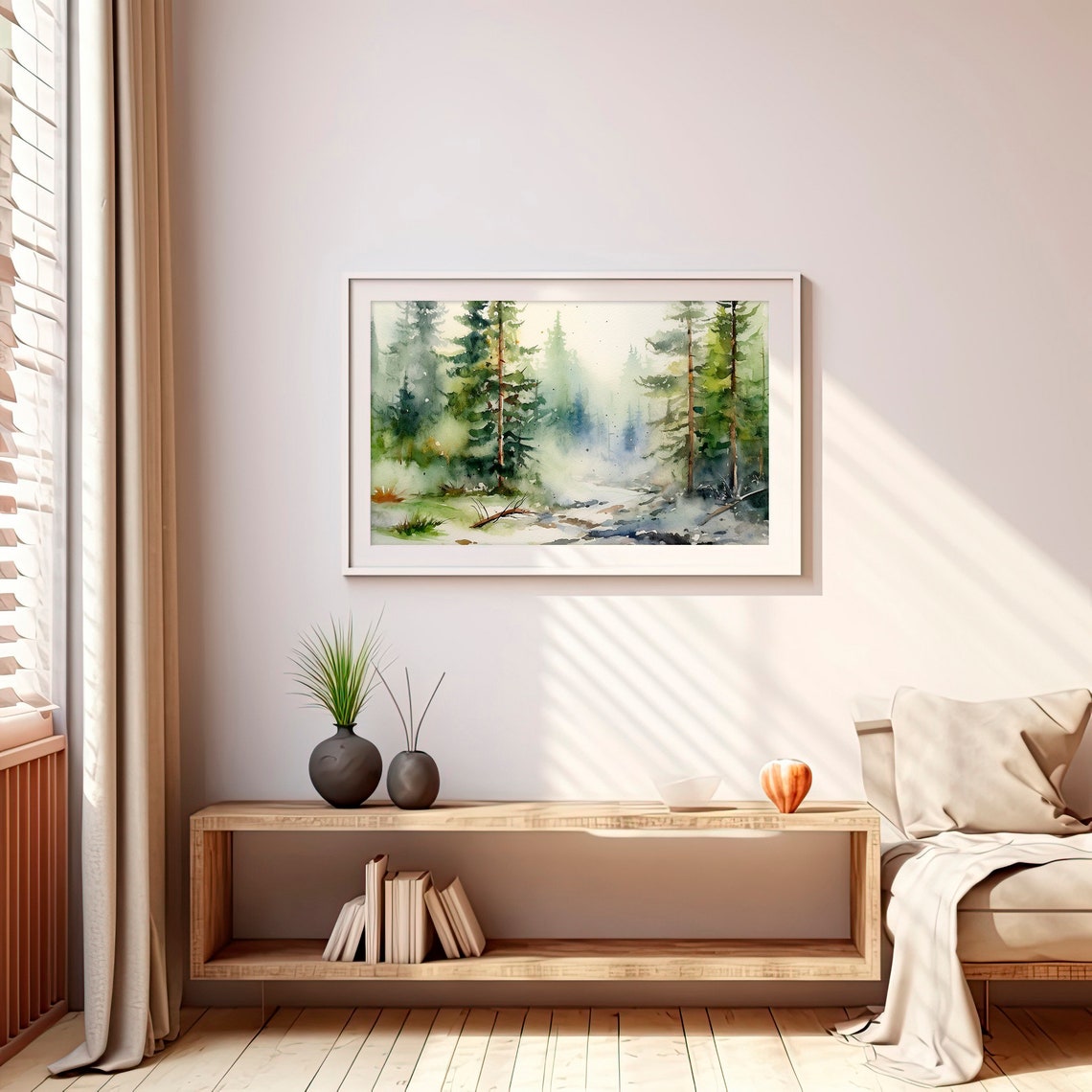 Rocky Mountain Misty Pine Forest Stream Morning Watercolor Poster - Image 5