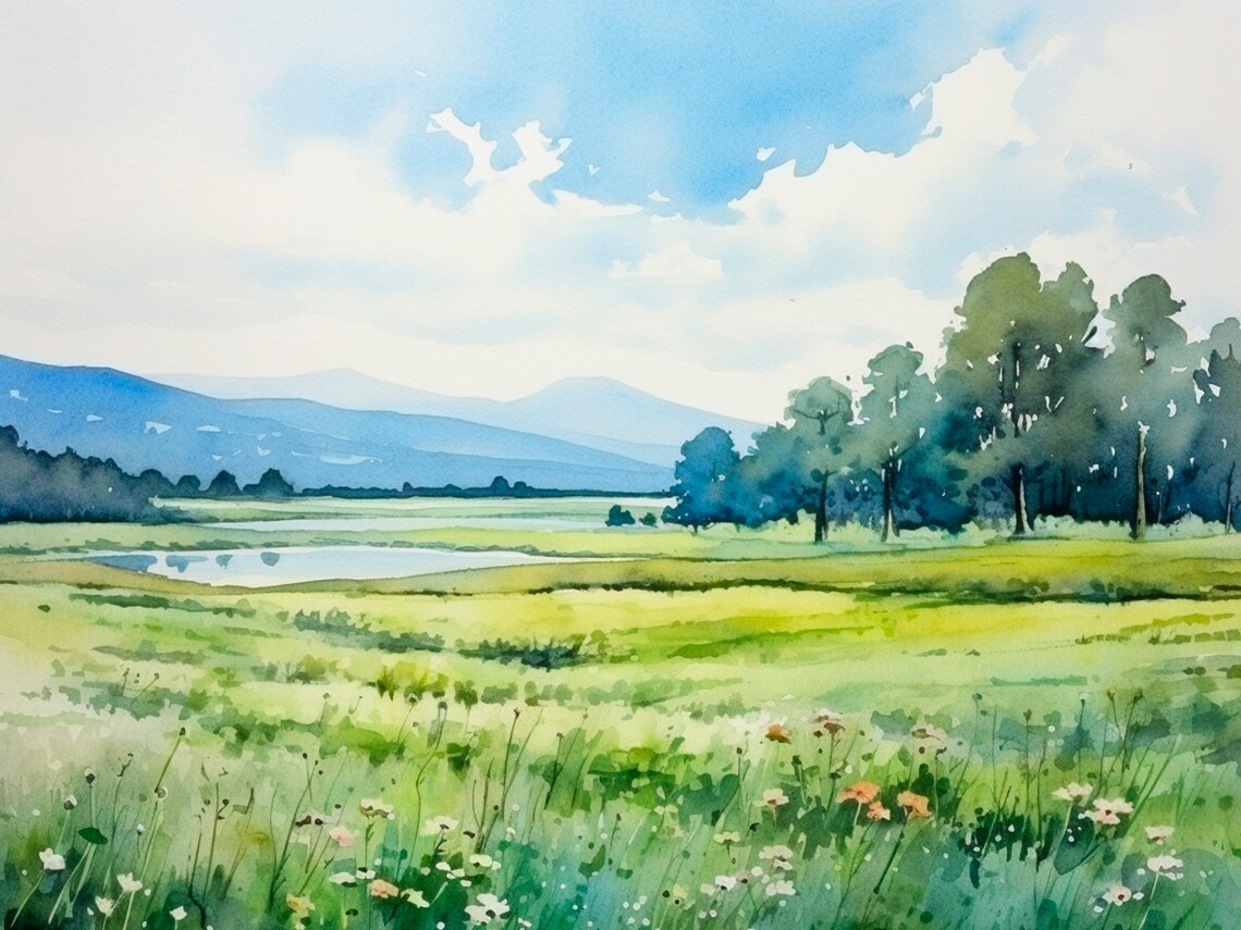 Meadow Fields, Lake District Watercolor Art Print