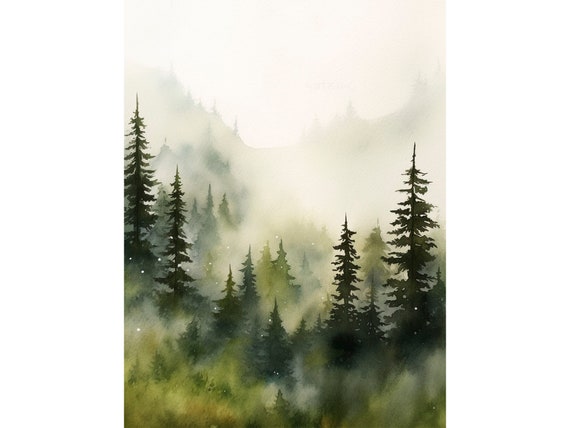 Siuslaw National Forest Painting Foggy Pine Forest Art Print Oregon Landscape Artwork By Feelingprints
