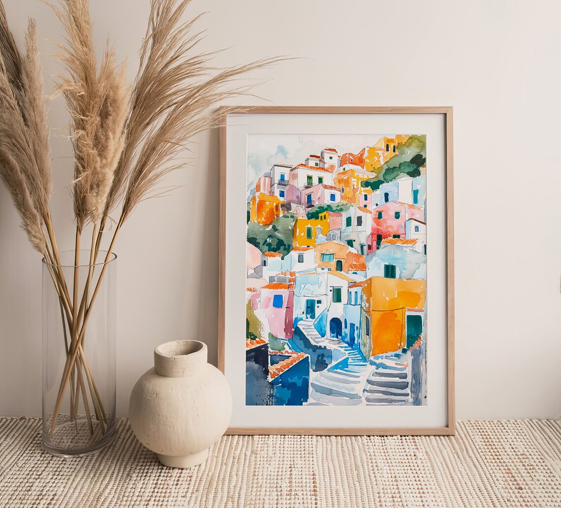 Sardinia Italy Colorful Cliffside Village Watercolor Travel Poster - Image 4