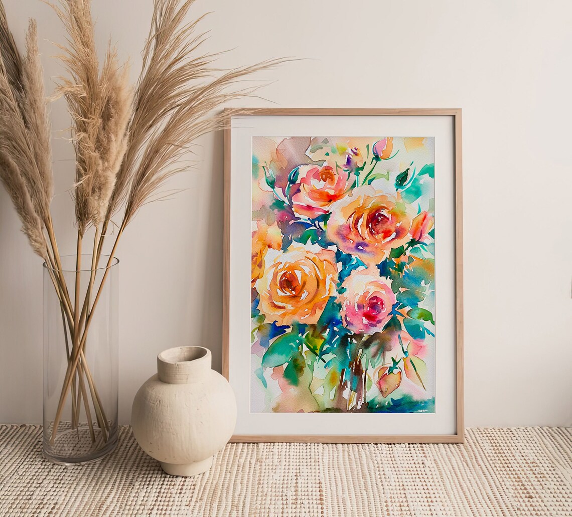Peach Pink Roses Watercolor Floral Bouquet Romantic Scene Poster - Image 3