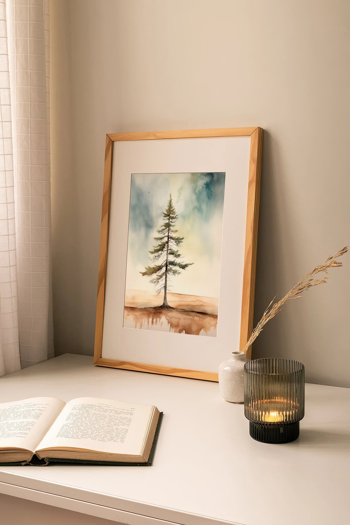 Stunning Lone Pine Tree Minimalist Sepia Sky Watercolor Poster - Image 3