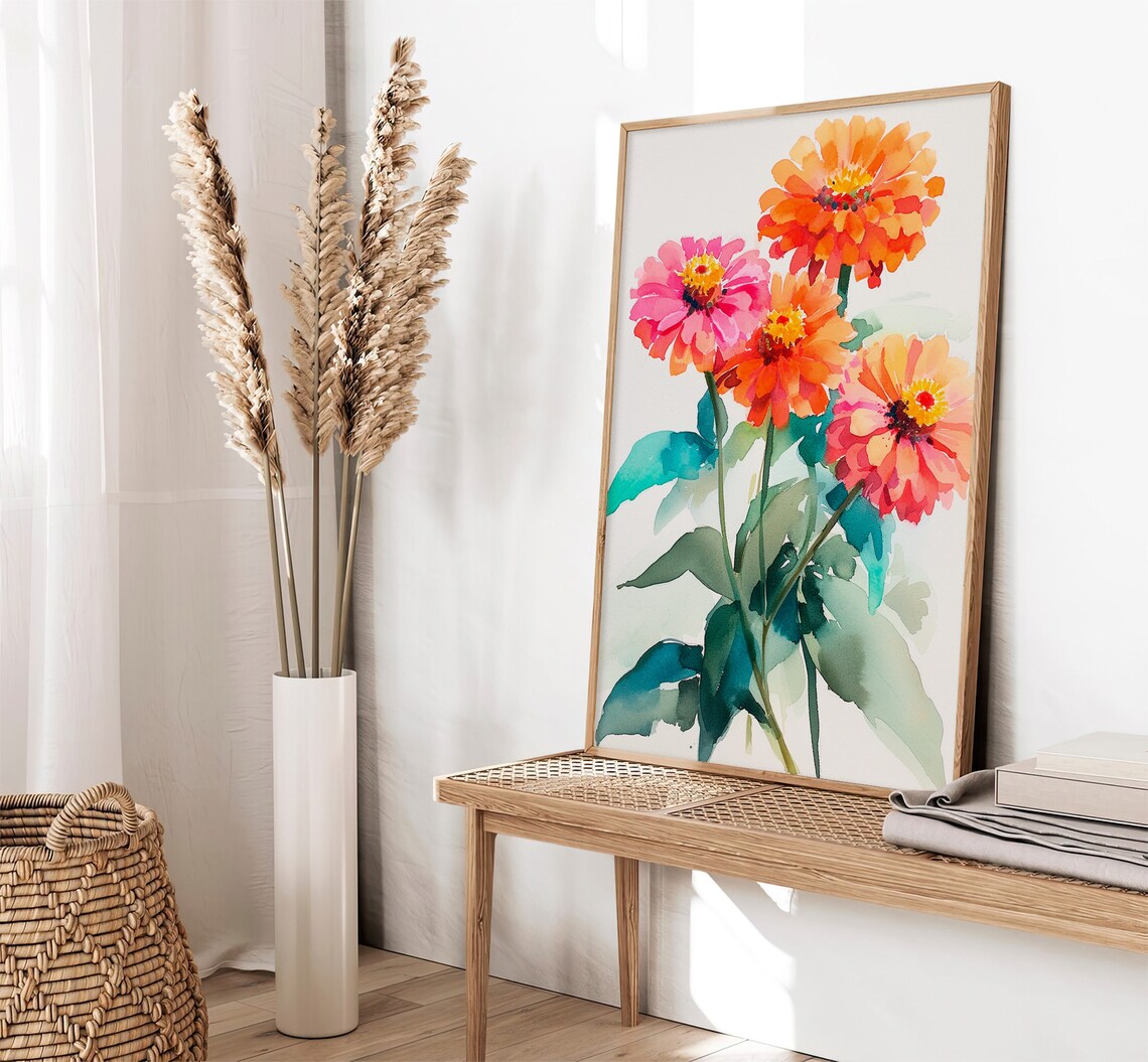 Zinnia Watercolor Art Print, Botanical Floral Decor - Image 2