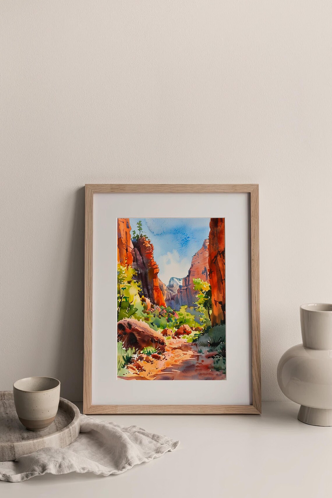 Stunning Zion Utah Red Rock Canyon Sunlit Trail Watercolor Poster - Image 3