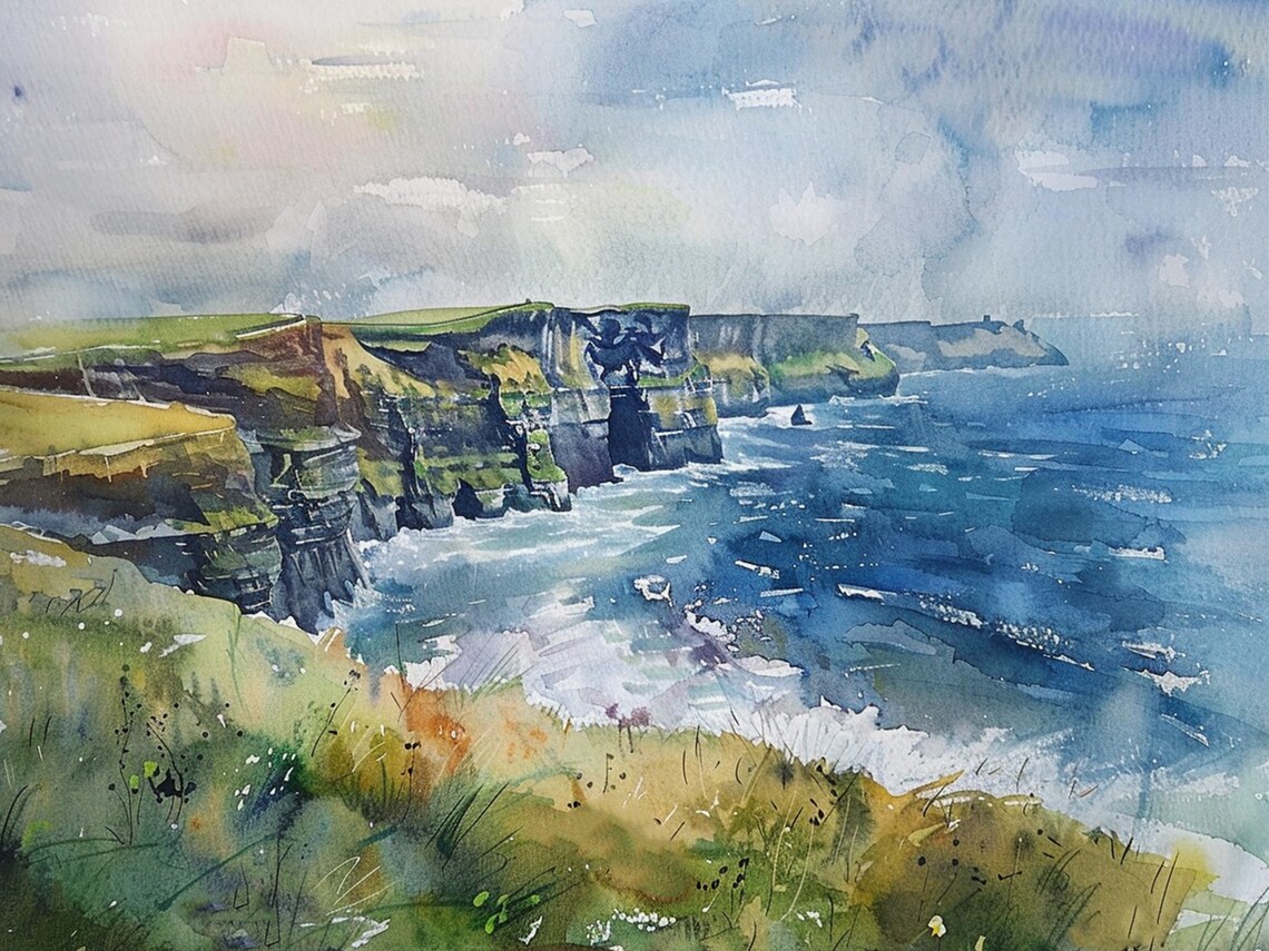 Cliffs Of Moher Watercolor Art Print, Ireland Coastline