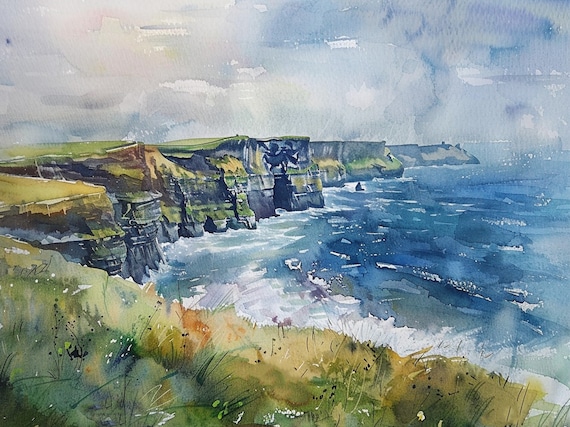 Cliffs Of Moher Watercolor Art Print, Ireland Coastline