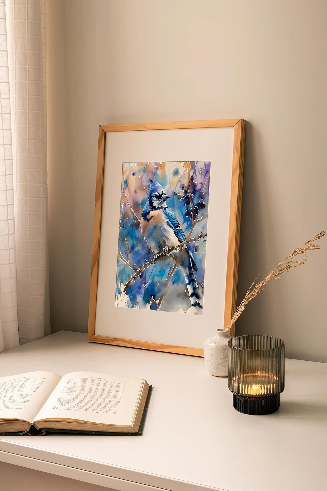 Blue Jay Songbird on Winter Branch Watercolor Bird Painting Poster - Image 3