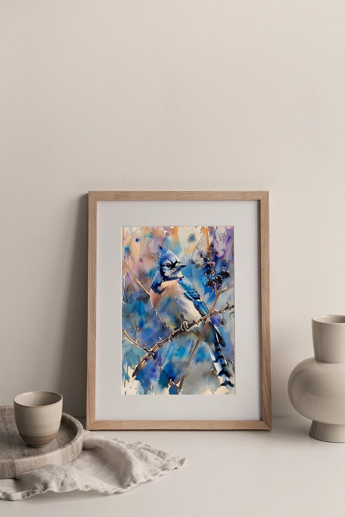 Blue Jay Songbird on Winter Branch Watercolor Bird Painting Poster - Image 4