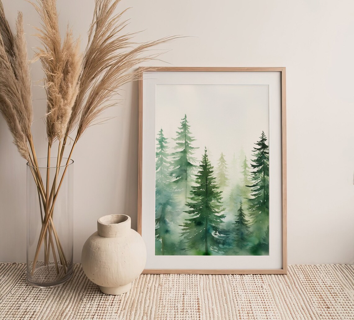 Misty Evergreen Pine Forest Fog Watercolor Nature Landscape Poster - Image 4