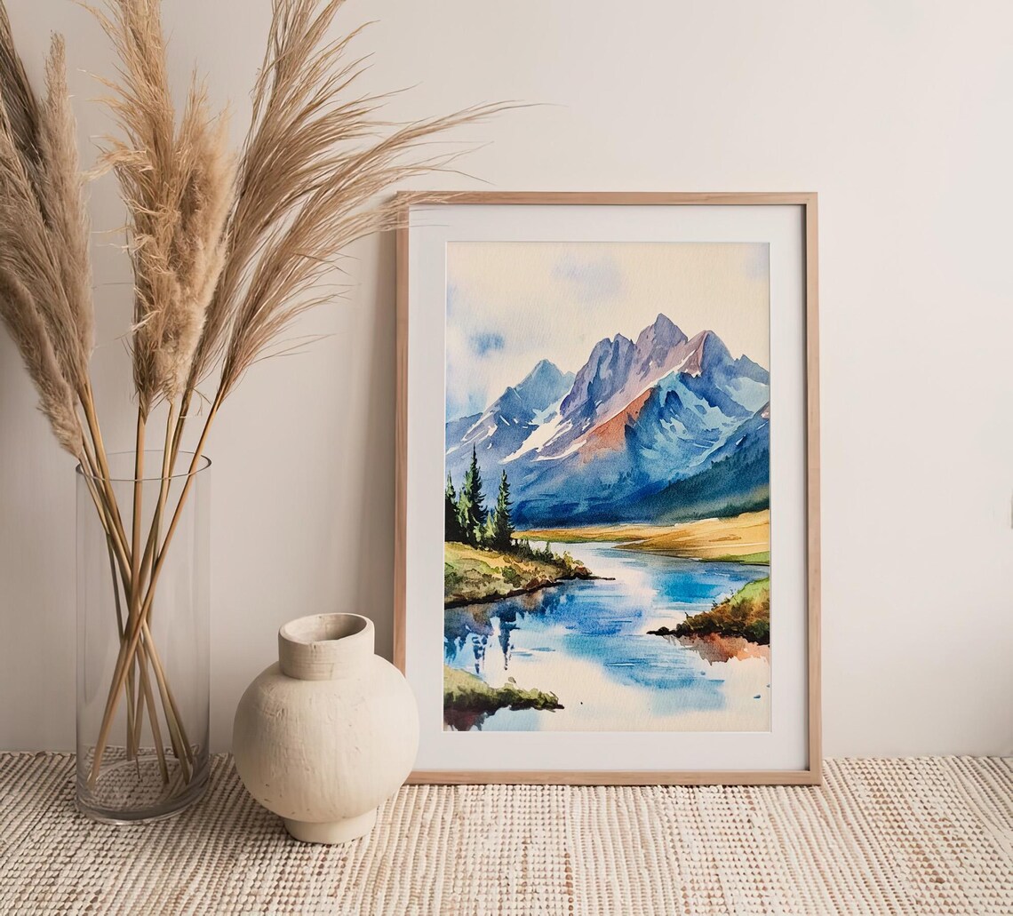 Alpine Mountain Lake Watercolor Blue Peaks River Pines Landscape Print - Image 4