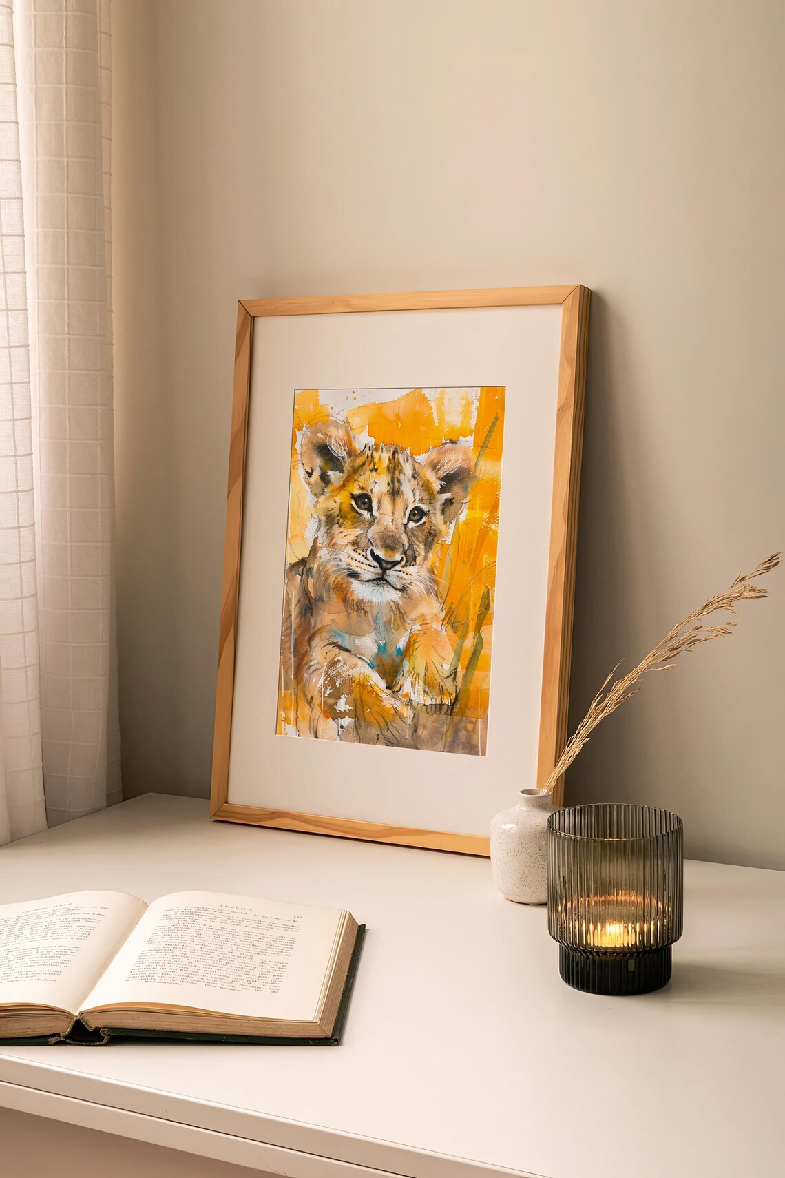 Lion Cub Watercolor Portrait Golden Safari Wildlife Nature Art Poster - Image 2