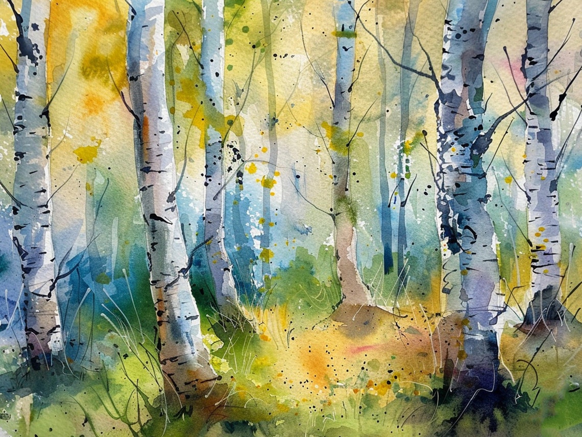 Birch Trees Forest Golden Light Watercolor Nature Woodland Poster