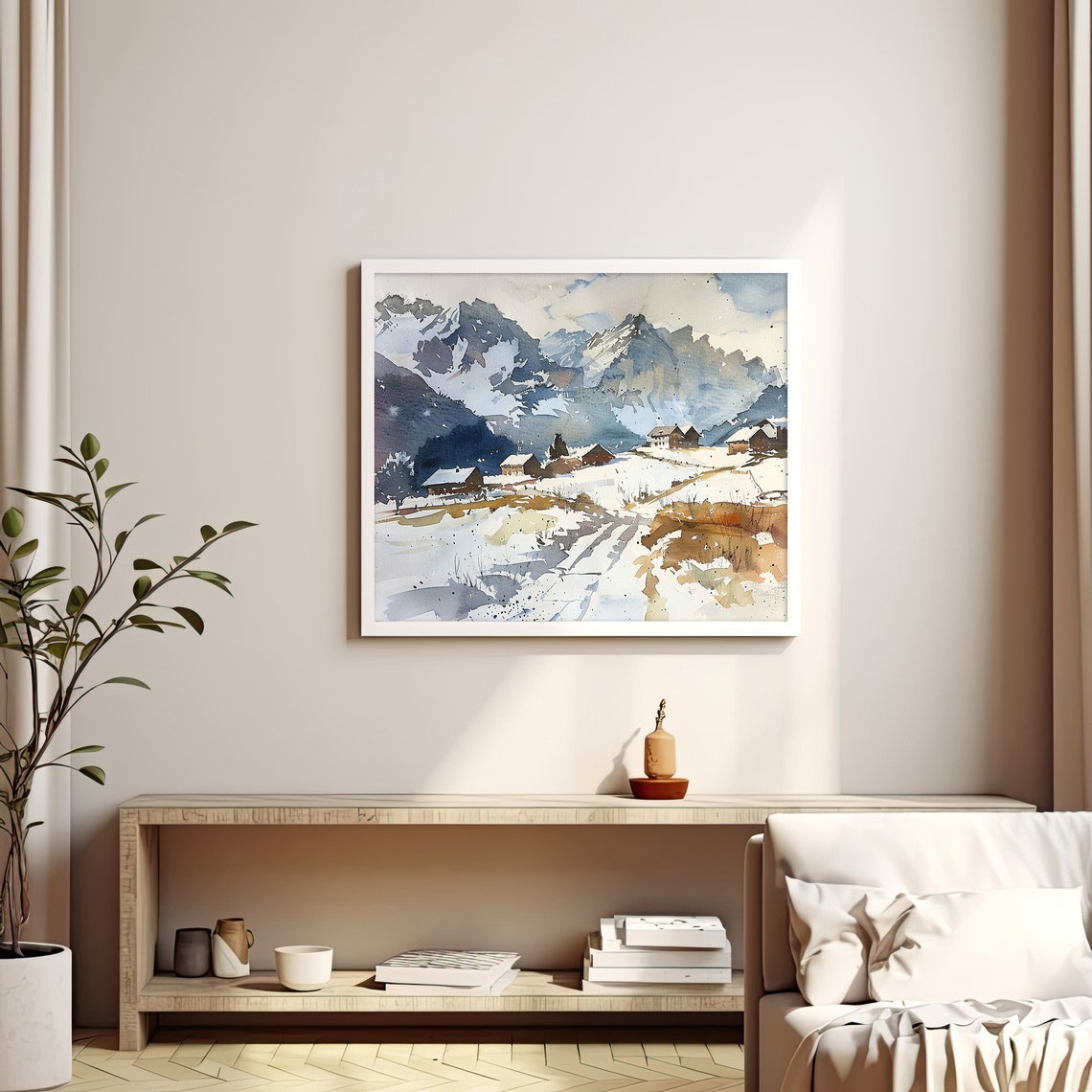 Pennine Alps Snow Village Winter Mountain Watercolor Nature Art Poster - Image 3