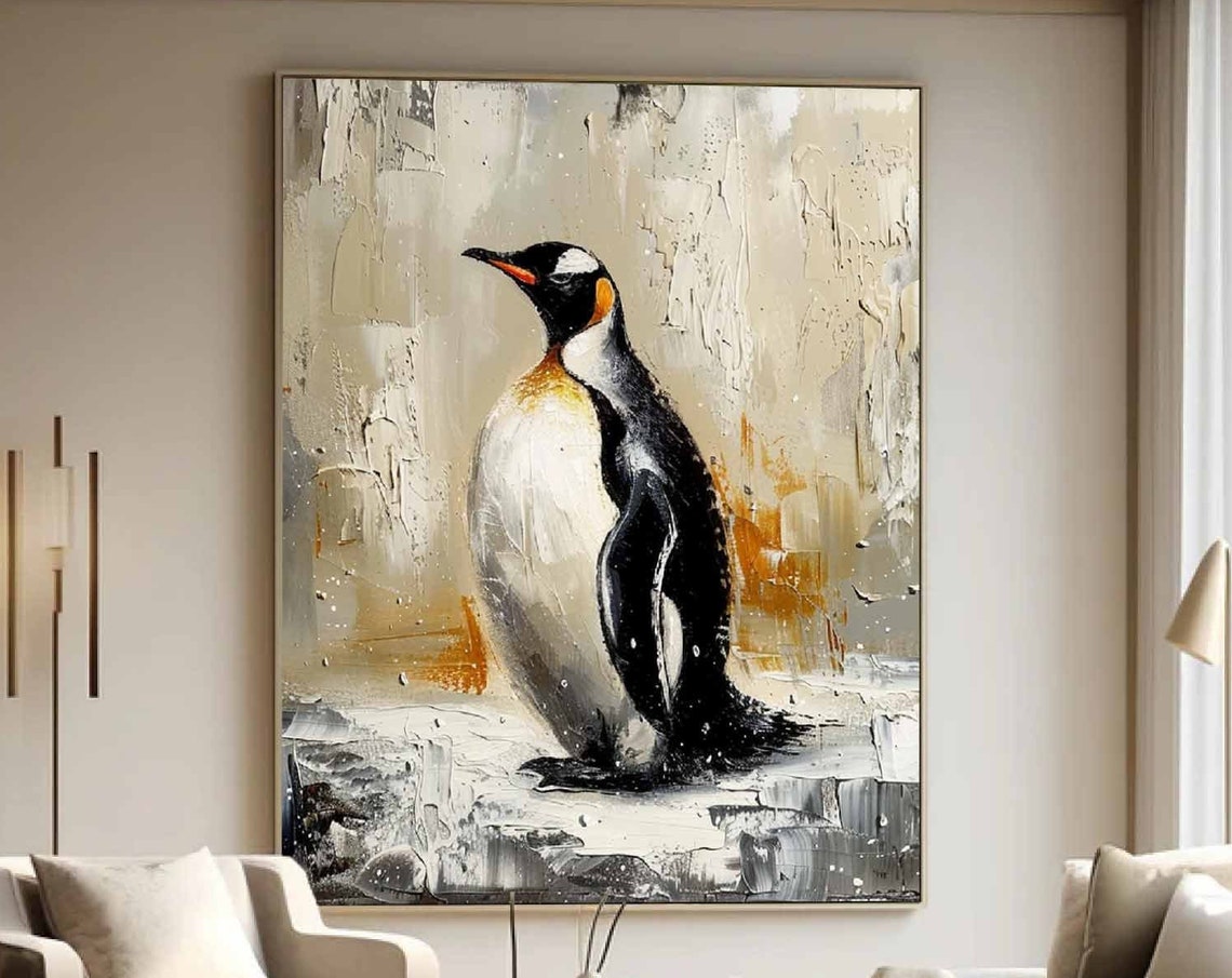 Regal King Penguin Portrait in Warm Beige Tones Oil Art Poster