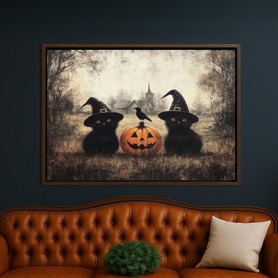 Black Cats With Witch Hats And Pumpkin Canvas Wall Art Spooky Crow Halloween Decor
