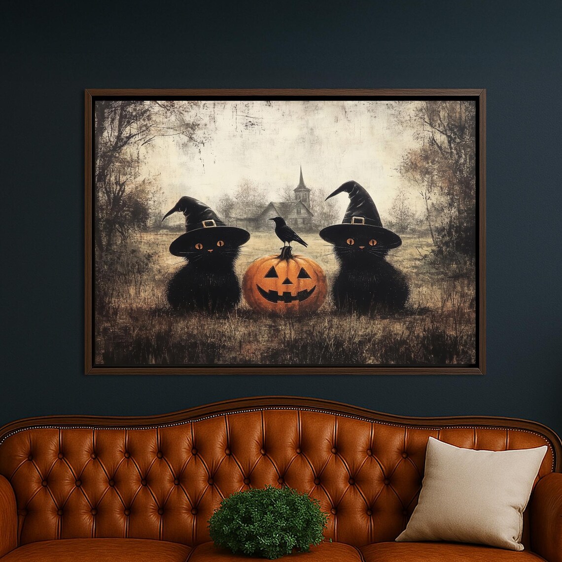 Black Cats With Witch Hats And Pumpkin Canvas Wall Art Spooky Crow Halloween Decor