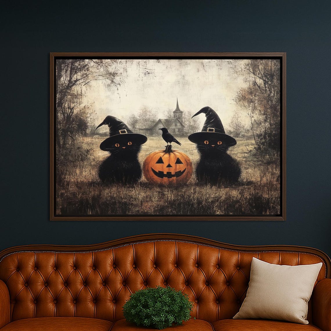 Two Black Cats in Witch Hats With Pumpkin and Crow Halloween Poster