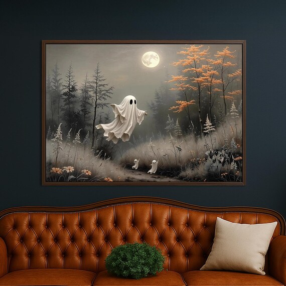 Flying Family Canvas Wall Art Haunted Forest Halloween Decor Moonlight Spooky Print