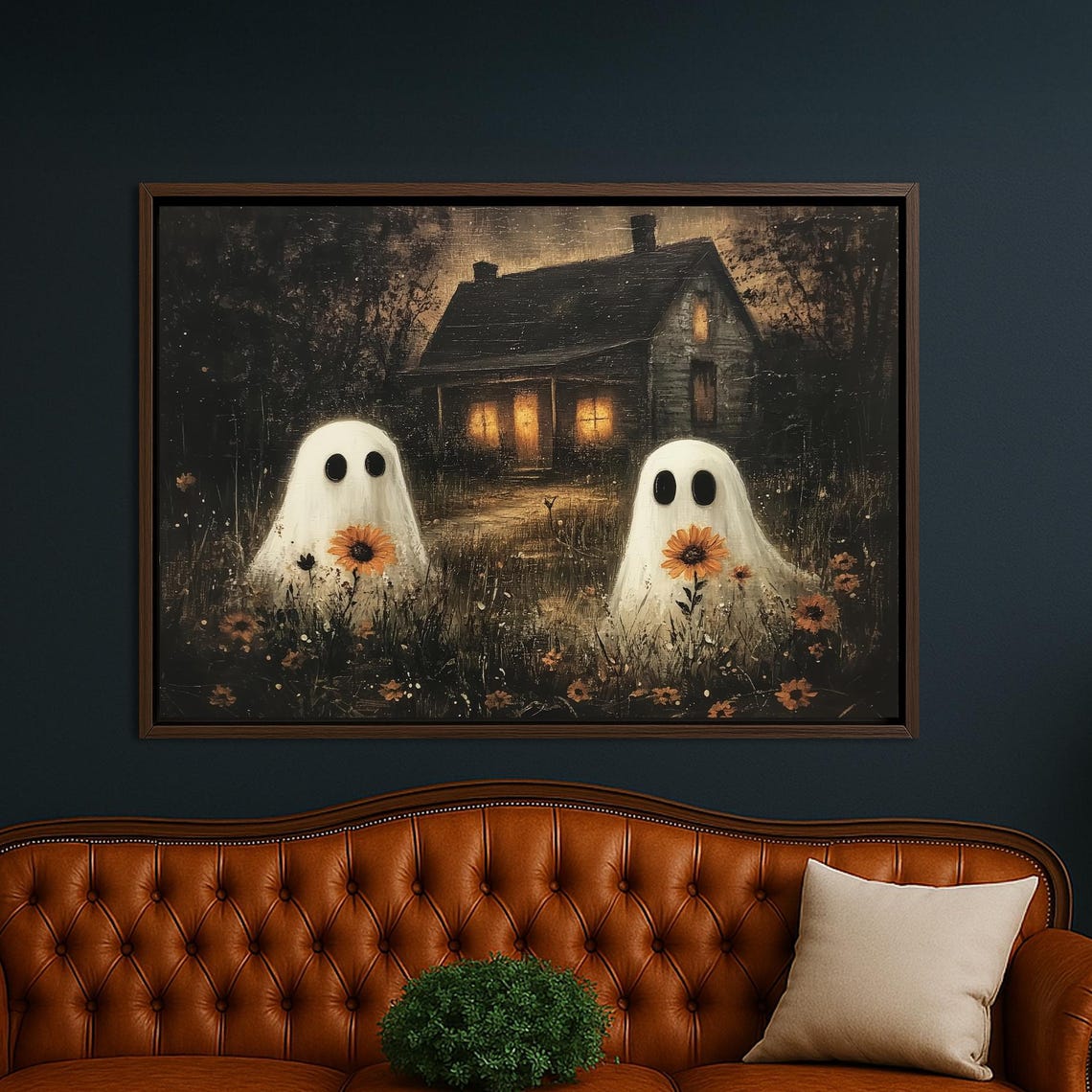 Two Cute Ghosts with Sunflowers at Haunted House Spooky Fall Wall Art